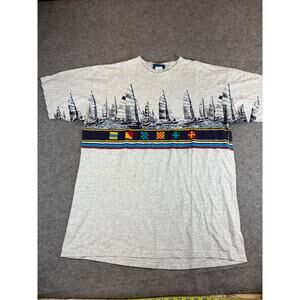 Vintage 90s Towncraft Sailboat With Nautical Signal Flags T Shirt Men Large Gray
